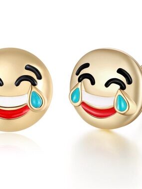 Gold Laughing Tears Emoji Stud Earrings - Fun Turquoise and Red Accent